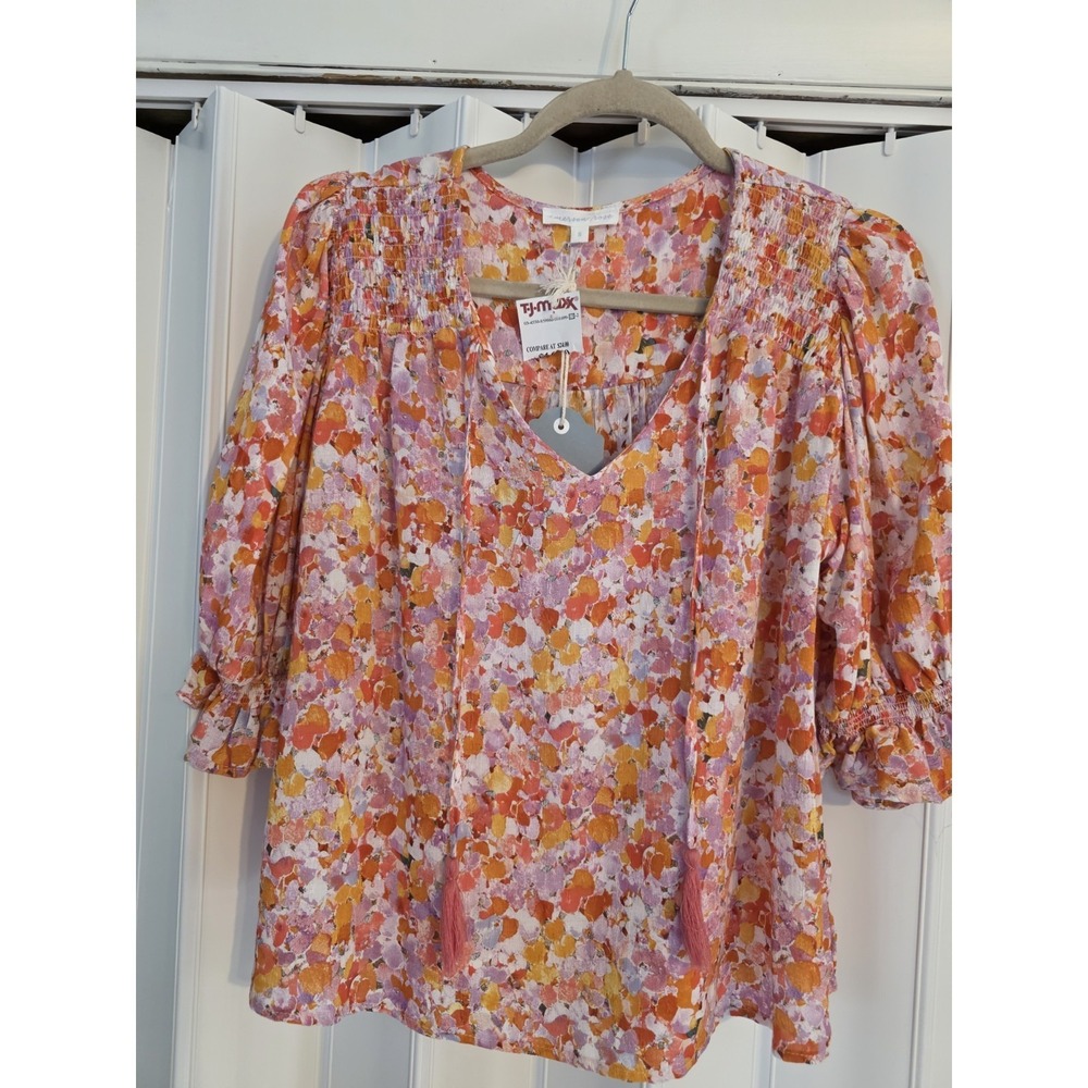 Emerson‎ Rose Womans Short Puff Sleeve Blouse Orange and Pink Flowers Size Small
